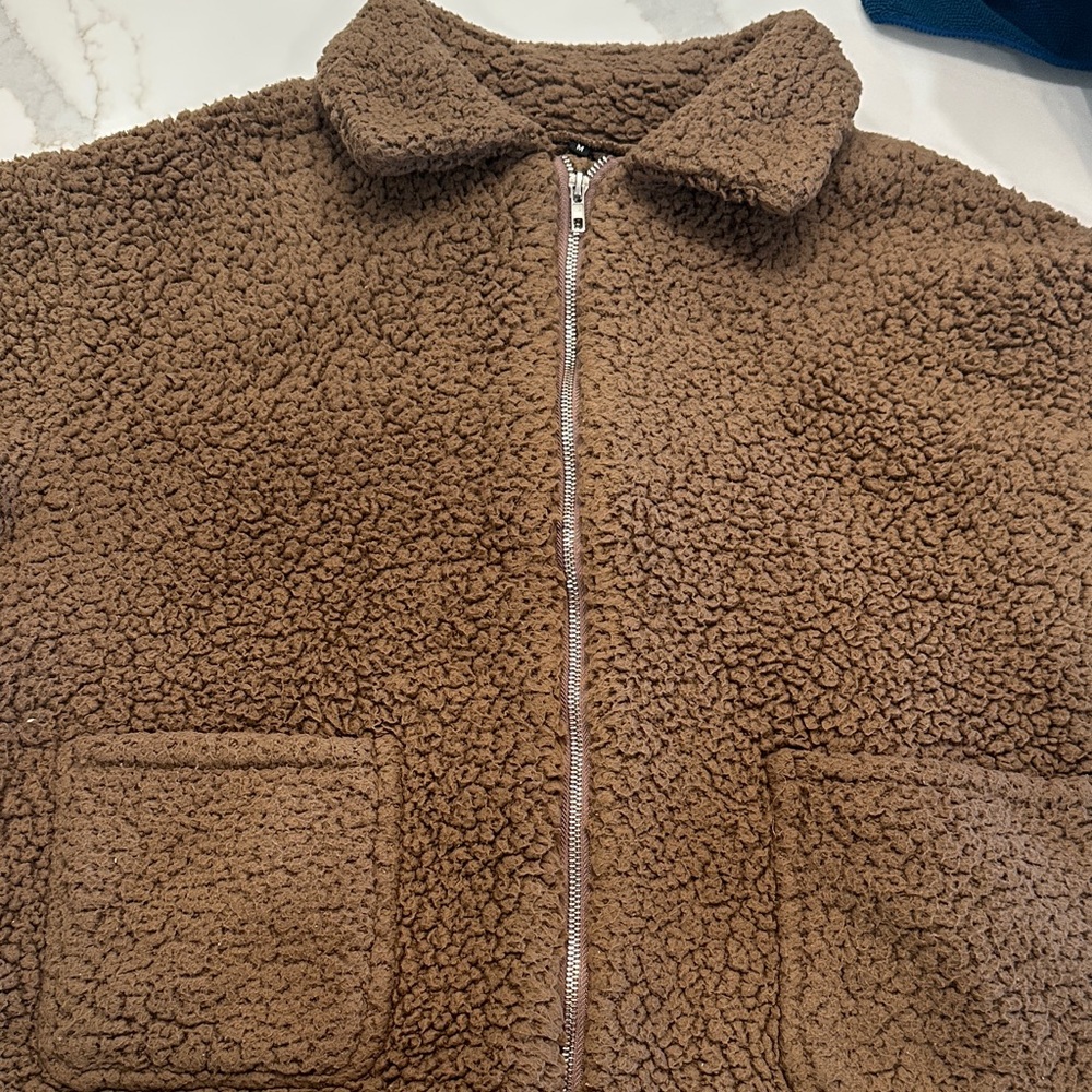 TEDDY BEAR JACKET Cozy Brown Sherpa zip pockets Layering Roomie Coat Sz M - Picture 12 of 12